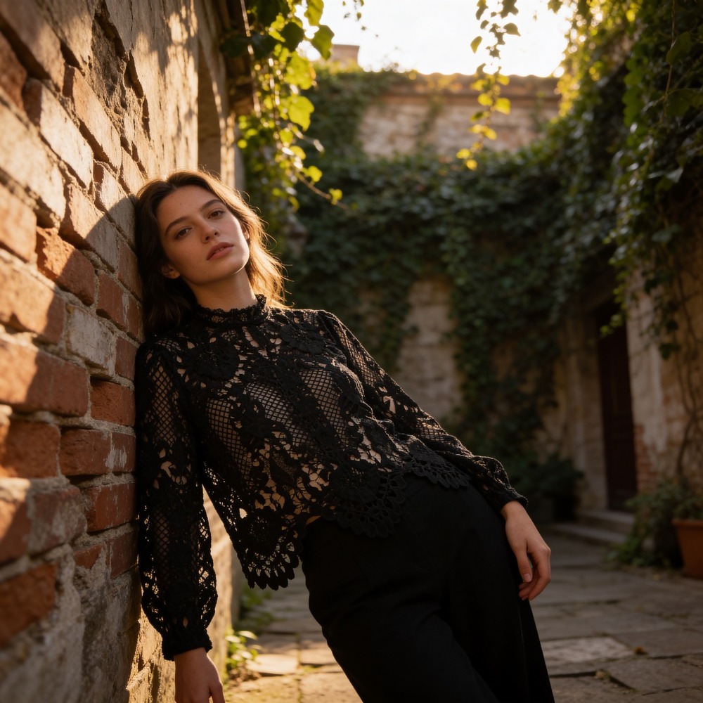 Jealous Tomato Black Crochet‎ Lace Mock Neck Long Sleeve Scalloped Top XL